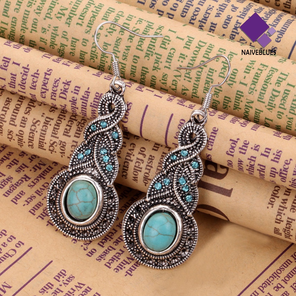 Anting Juntai Panjang Bentuk Labu Turquoise Tiruan Gaya Vintage Untuk Wanita