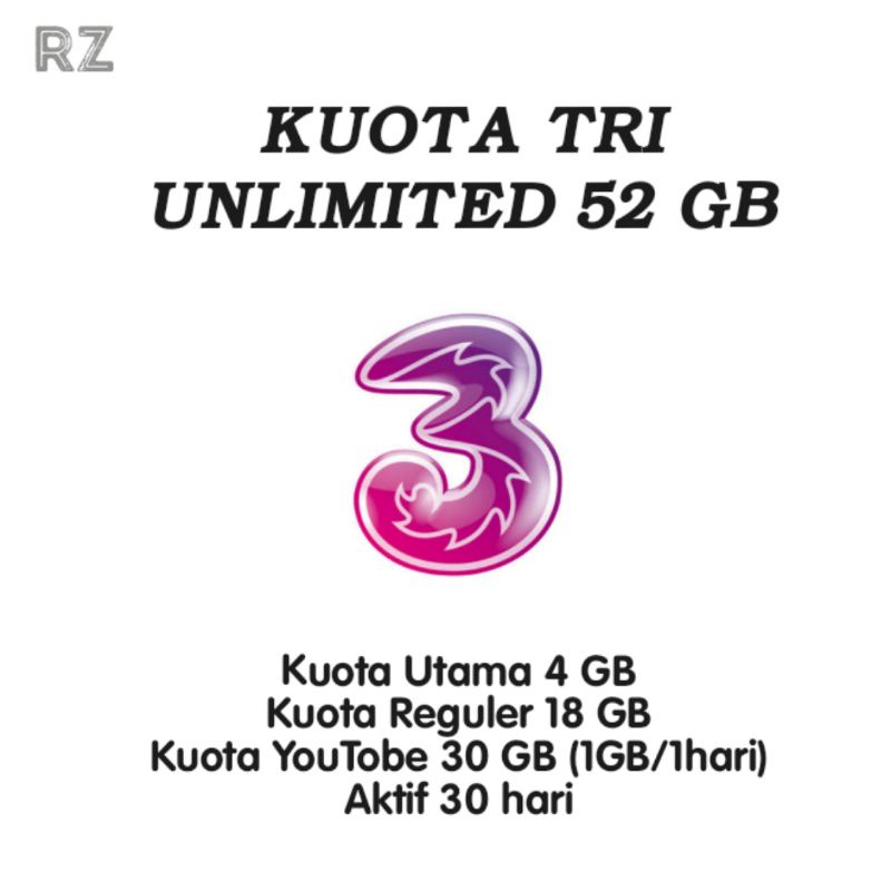 Kuota Tri Unlimited 52GB Nasional , Semua jaringan 24 jam (Kuota Langsung Masuk)