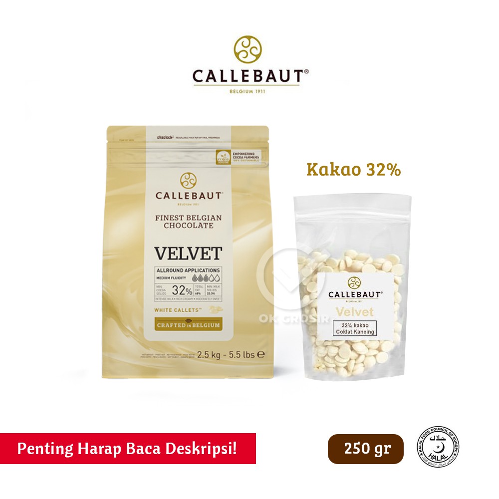 

Callebaut Velvet WHITE Chocolate Couverture 32% (250gr) KHUSUS JNT, GOSEND & JNE YES