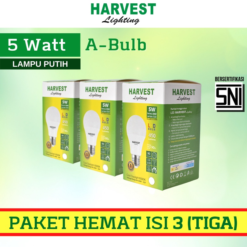 5W - Paket Isi 3 - HARVEST LIGHTING Lampu Bohlam LED A Bulb  5 Watt Lampu Hemat Energi Original Bersertifikasi SNI dan Bergaransi