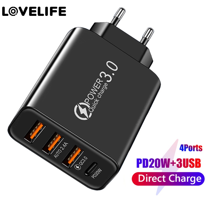 Adapter Charger Dinding 4 Port USB C PD US / EU Plug Untuk iPhone / Android