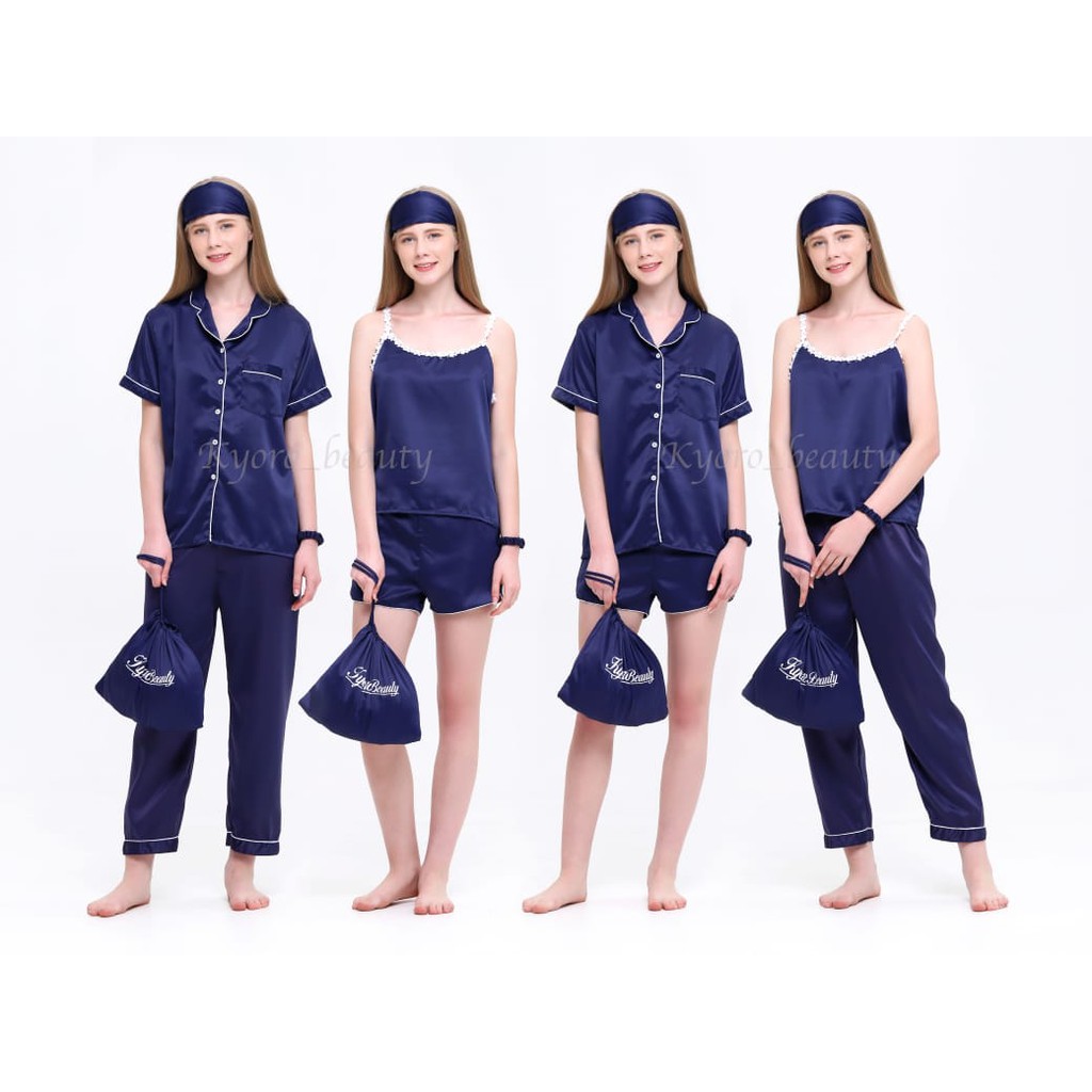 SET PIYAMA SATEN PREMIUM 7IN1 & RAYON 7IN1 READY STOK Kyoro Beauty 7 in 1 - celline-NAVY