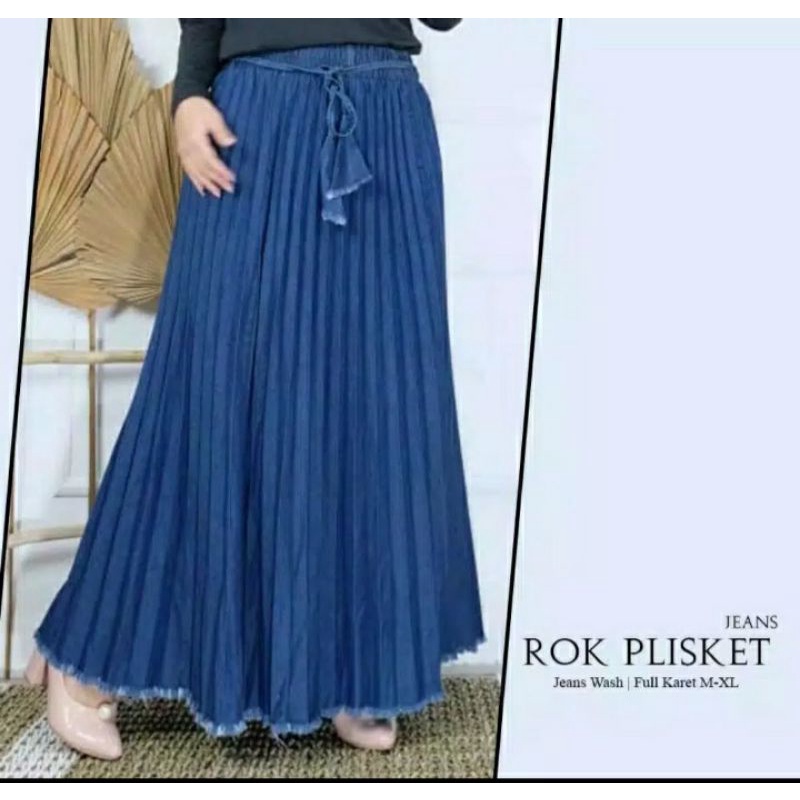 Rok Jeans Plisket Wanita