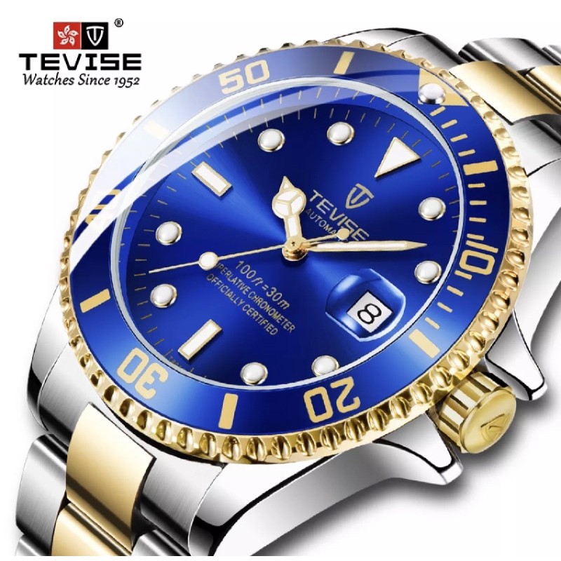 Jam Tangan Pria Mekanik Automatic Tevise Submariner Silver Gold Blue