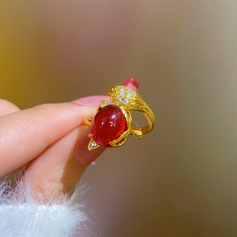 Cincin Titanium (Terbuka) Rubah Kristal Keberuntungan Lapis Emas 18K Cantik Perhiasan Wanita Korea