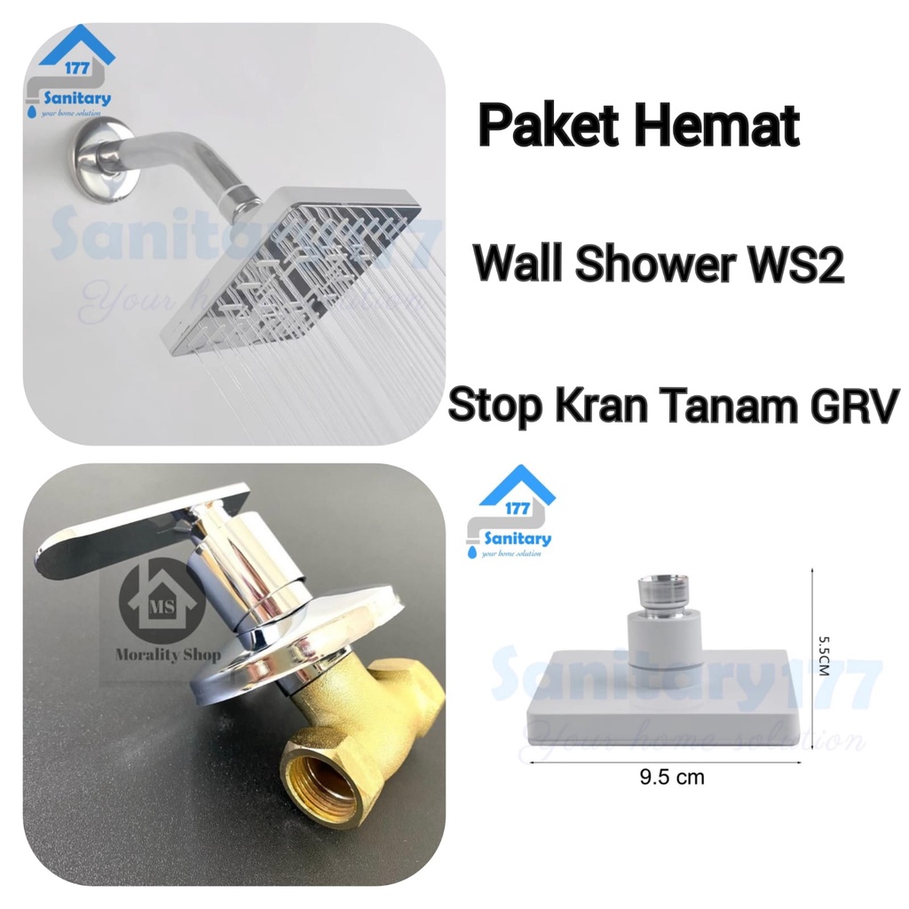 Paket Hemat Shower Kotak Tembok dan Stop Kran Tanam - Wall Shower Kotak WS2 dan Stop Kran Tanam GRV /C15