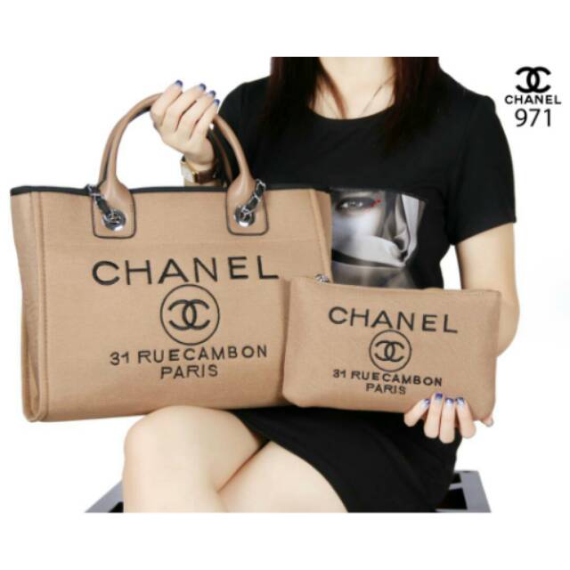 CHANEL Deauville Sharon Shopper Tote Bags 2in1 Canvas Vs Leather like Ori leather 971-2#.spss3