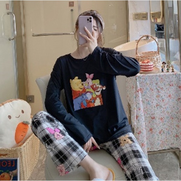 COMFIT STORE PJ3 PP Setelan Piyama Wanita Jumbo Tangan Panjang Celana oversize Baju Tidur Dewasa Import Korea-WINNIE HITAM