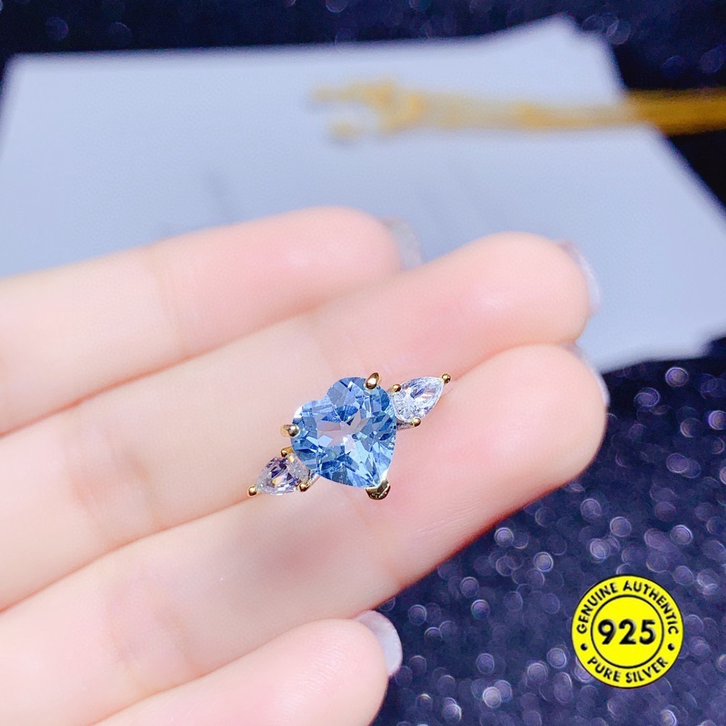 Cincin Batu Permata Topaz Biru Langit Bentuk Hati Model Terbuka