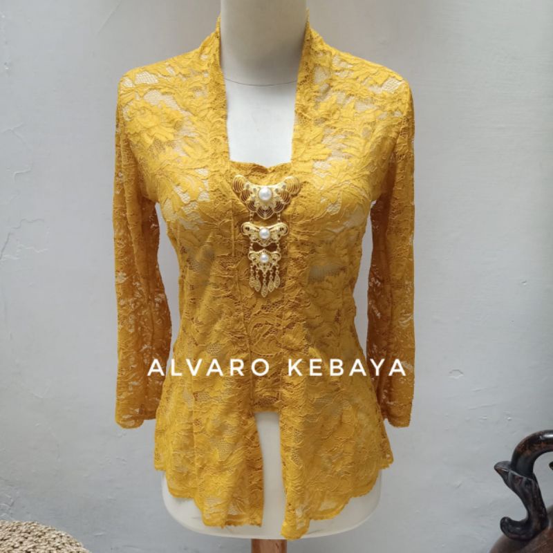 Atasan kebaya jadi brukat halus strait melar -  kutubaru stretch brokat modern real pict ready stock langsung pakai brukat halus best seller cantik murah kondangan wisuda baju jawa wanita tradisional-Kuning kunyit