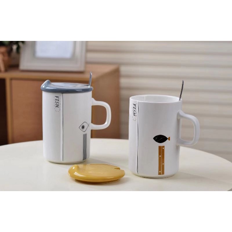 Mug/Gelas/Cangkir Keramik Set Tutup dan Sendok  Lucu Fish