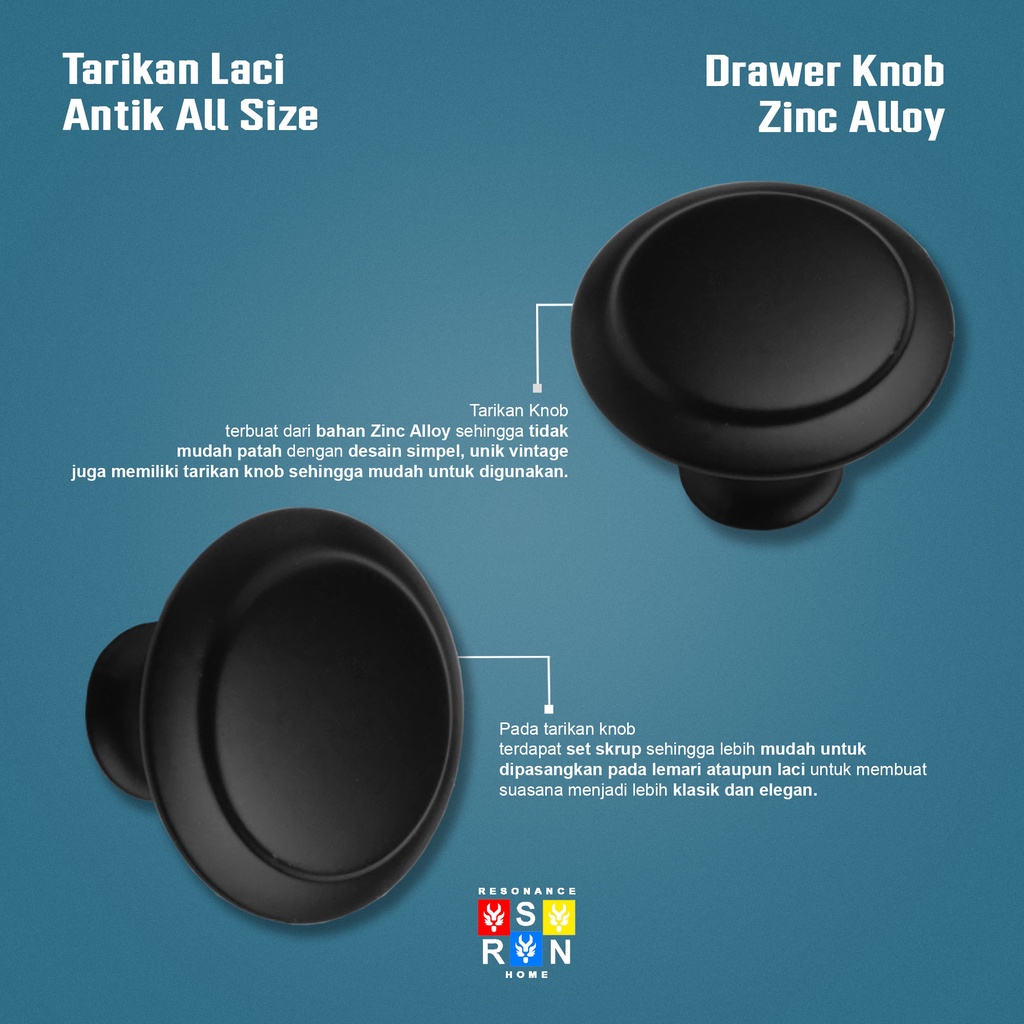 Tarikan Knop Laci / Pegangan Knob Laci Lemari Hitam / Drawer Knob Resonance Home