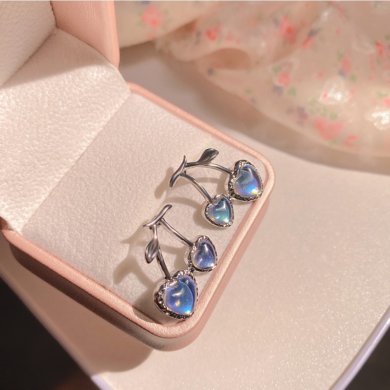 Anting Tusuk Bentuk Cherry Moonstone Bahan Alloy Lapis Silver Untuk Wanita