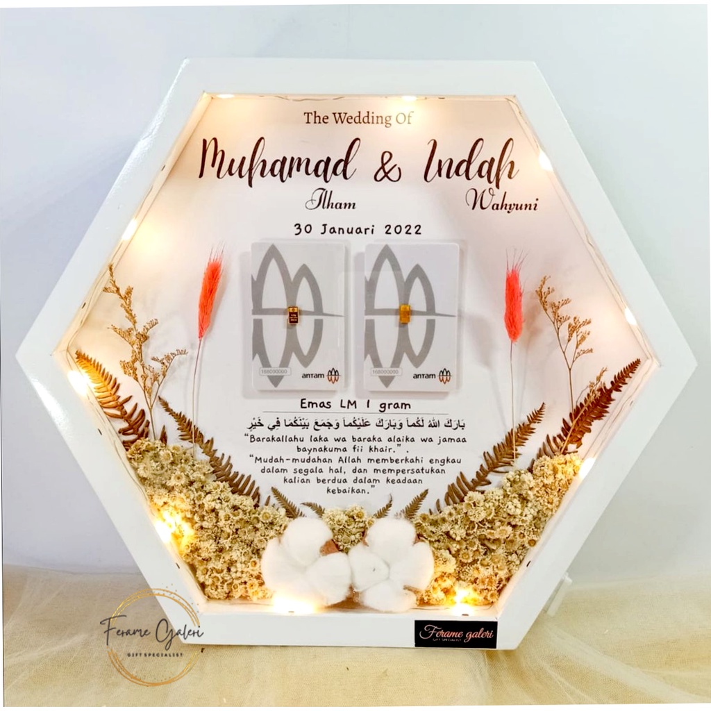 (1HariJadi) Mahar Pernikahan Bingkai 3D Hexagonal Mahar Rustic Antipecah Driedflower Seserahan Hantaran Foto Kado pernikahan Gift Anniversary Bunga Kering - Sharah17 by Ferame Galeri Rustic