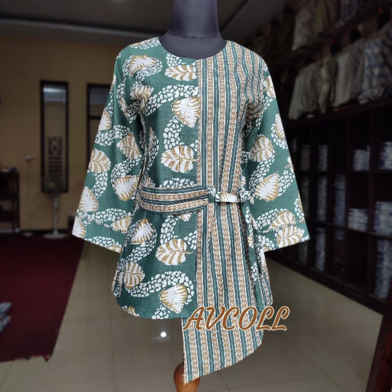 tey-17 Batik wanita ASJ SA HRB026 Kenongo Kemeja Tosca Pendek-Daun batu