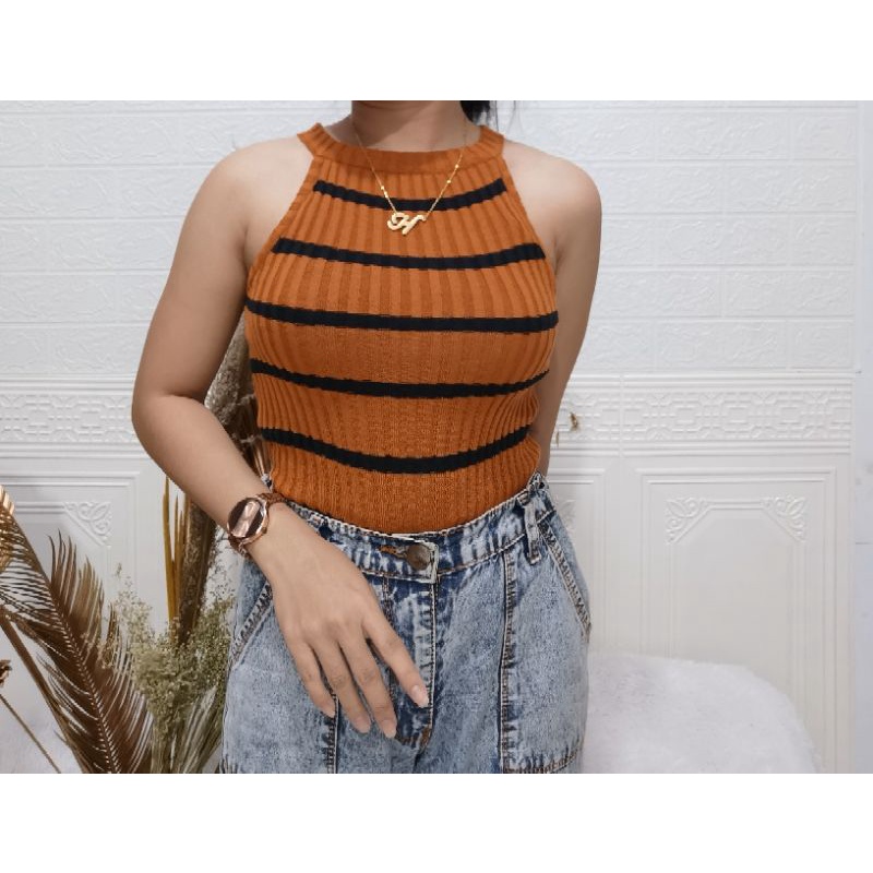 Crop Tee Tanktop Wanita Rajutan Tank top Inner Knit Salur Tebal