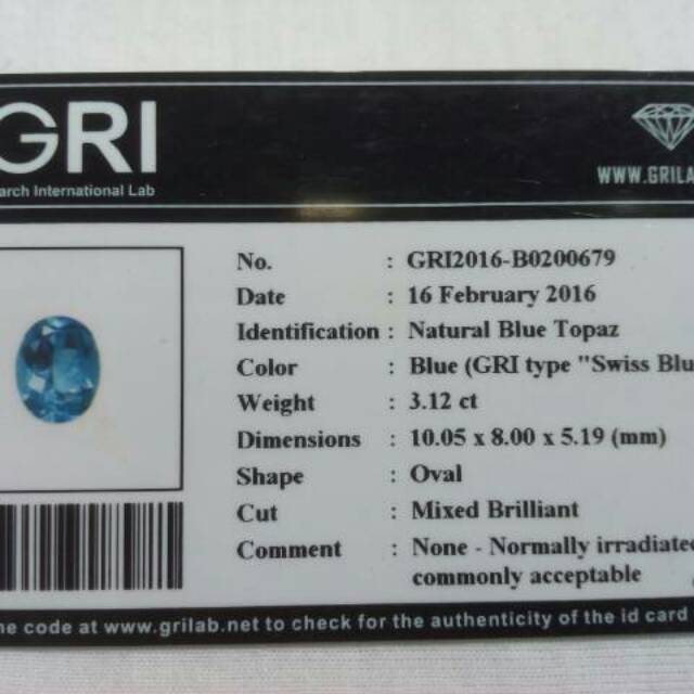 Natural Batu Permata Mulia Blue Topaz Swiss + Memo Lab (blue topas)