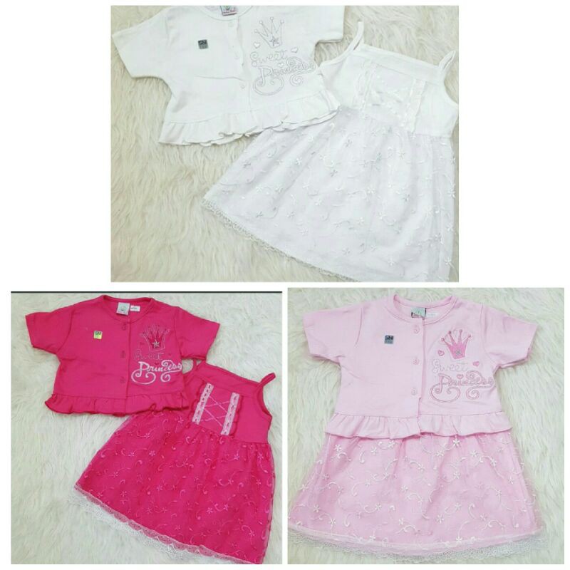 Baju Dress Bayi Perempuan Putih Merah Pink Bolero Rok Tile Brokat