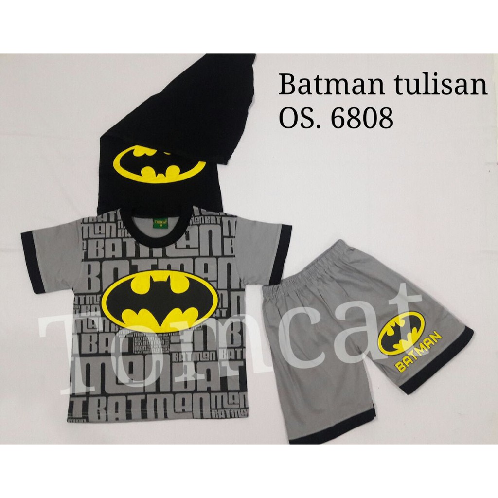 Setelan Pendek Anak Batman Sayap Abu Tulisan Baju Kaos Cowok Lakilaki