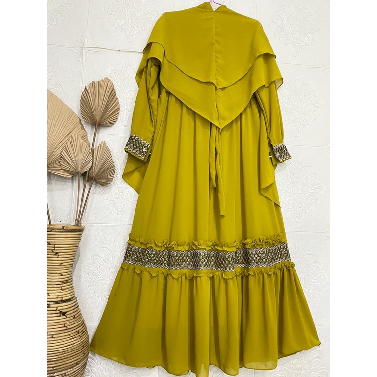 Gamis Syari Ceruty Mix Renda Depan dan Tangan | Gamis Syari Busui | Gamis Set Khimar Terbaru-Lime