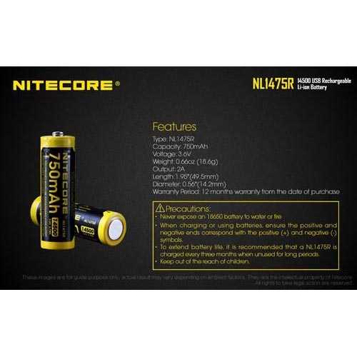 IDN TOOLS - NITECORE 14500 Micro USB Rechargeable Li-ion Battery 750mAh - NL1475R