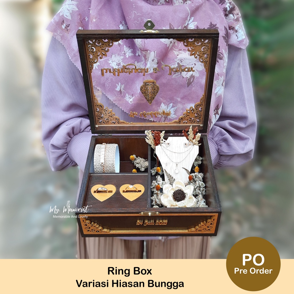 

Athasya Jewerly Box Laser Cutting /kotak Cincin Rustic /Ring Box/ tempat Dekorasi Bunga 16x20 cm coklat/gold