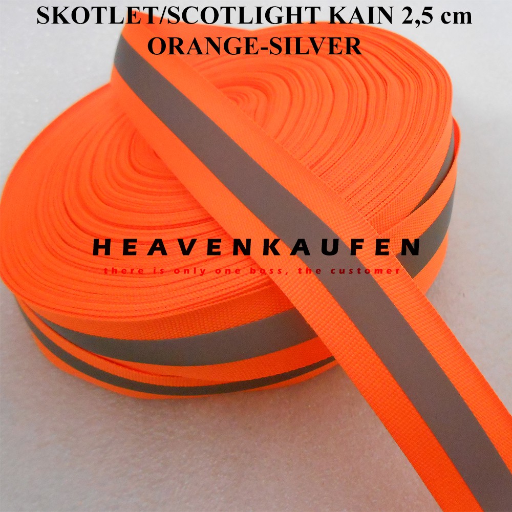 Pita Scotlight Skotlet Reflective Kain Lebar 2,5 cm Orange - Silver Meteran Untuk Jaket Jas Hujan