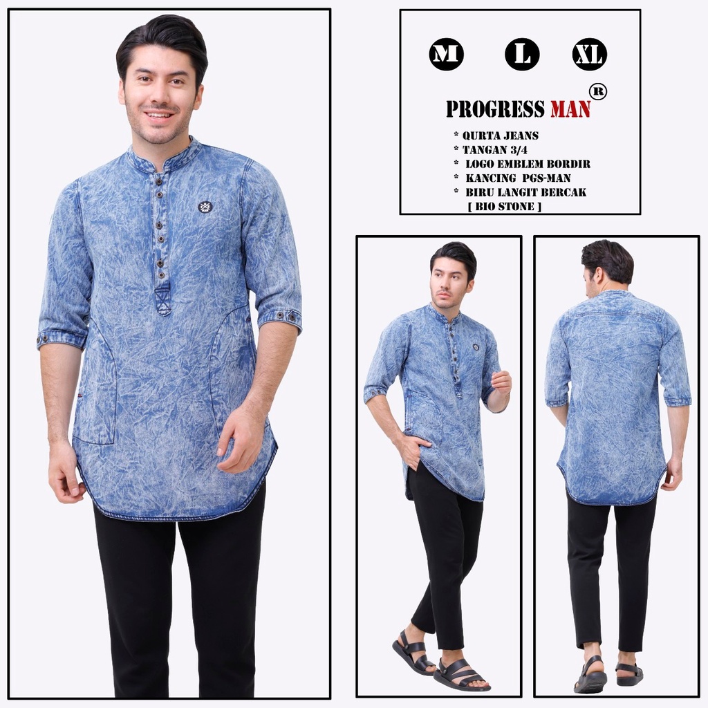 PROGRESS MAN baju koko jeans pria lengan tiga perempat koko kurta pangsi  kemeja koko denim pria lengan tiga perempat kurta pangsi jeans baju kurta denim dewasa logo bordir kancing ganda Biru langit washing P4N9S505