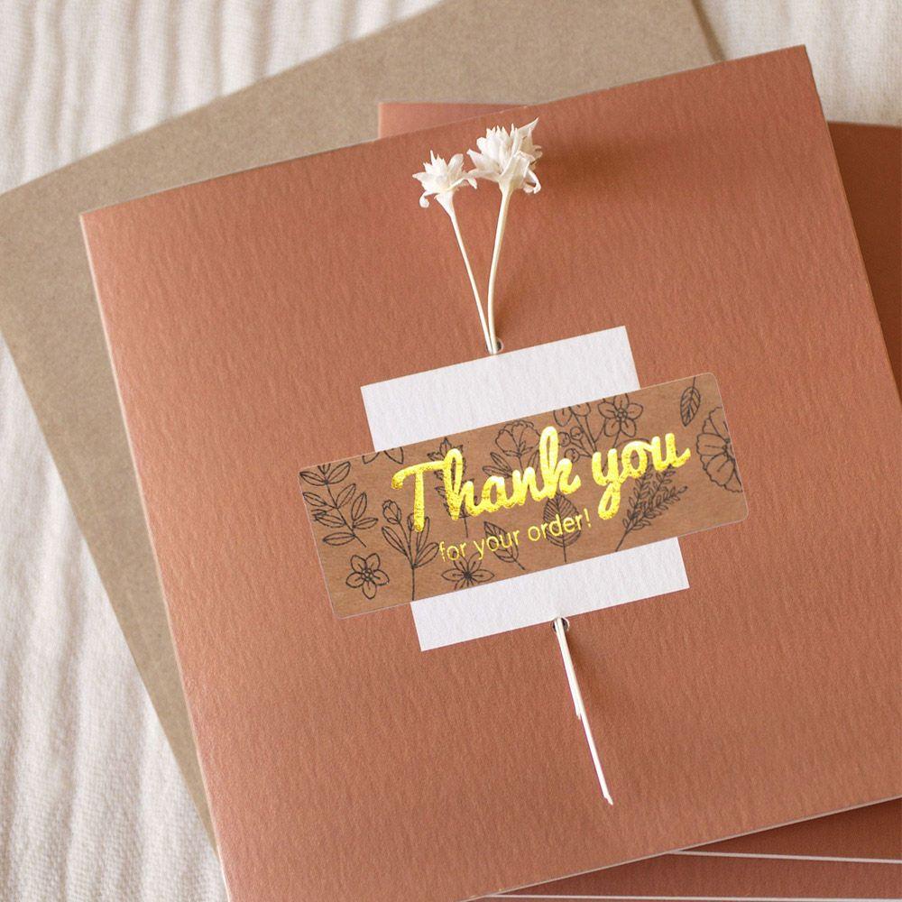 SOLIGHTER 120PCS/Roll 3x1 Inch Thank You For Supporting Stationery Kraft Paper Decals My Small Bussiness Package Decor Gift Hot Stamping Rectangle Leaves Floral Stickers Envelope Sealing Labels