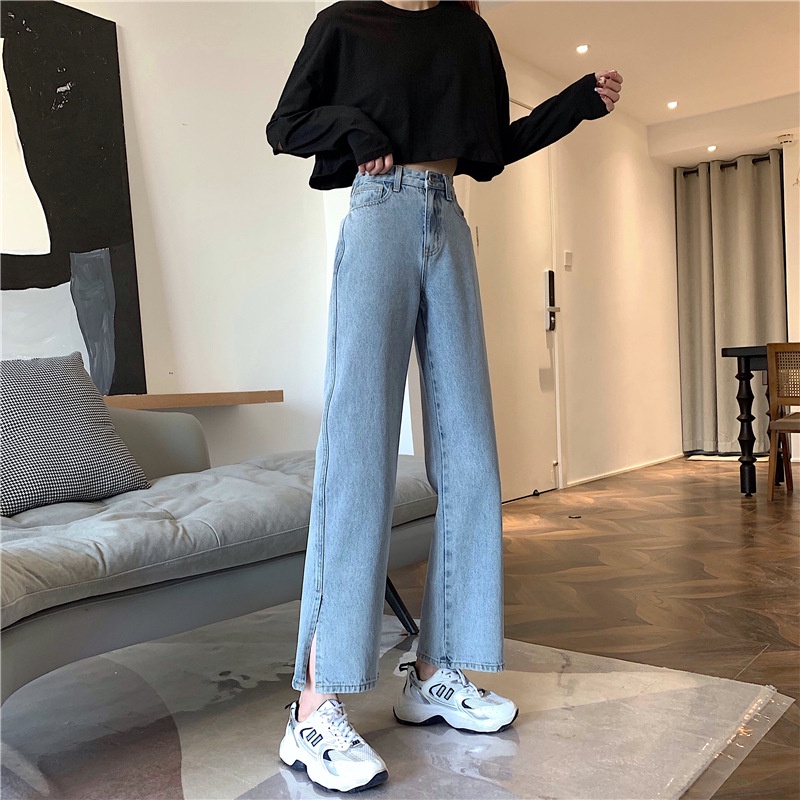 MOOGU ♡ Celana jeans longgar slit korea pinggang tinggi lurus