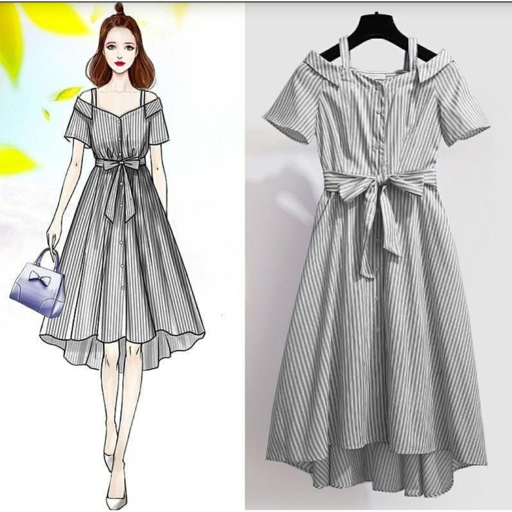 *[MCFK] Dress Stripe Flower Sabri Korea / Dress Wanita Korea / Dress / Casual Dress Wanita