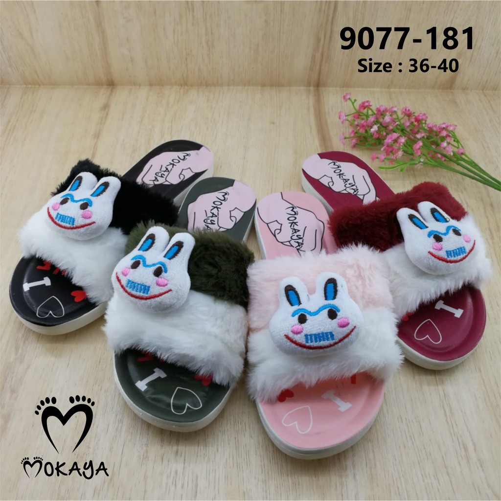 Sandal Slop Wanita Bulu Halus Boneka Rabbit Lucu Imut Import Mokaya / size 36-40 (9077-181)