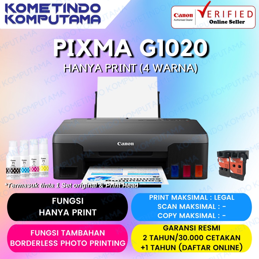 Printer Canon G1020 PIXMA G-1020 Print only - TINTA ORIGINAL 100% GARANSI RESMI G 1020 GI-71 / BH70 / CH70 / MC-G02 - Ink Tank Infus