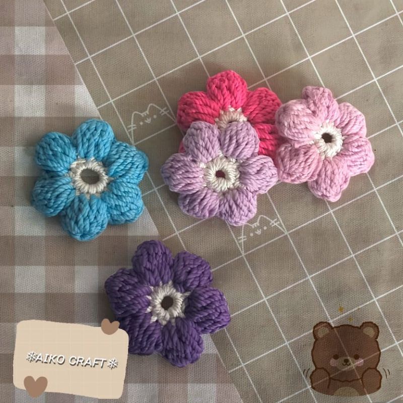 Aplikasi Bunga Puff Rajut/ Bunga Gembul Rajut Tempel