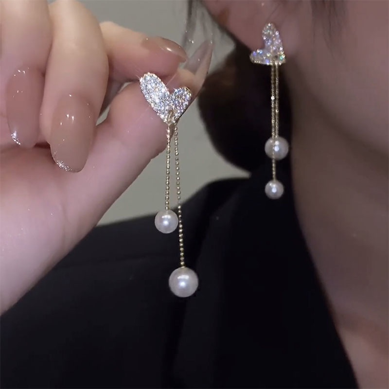 Anting Gantung Panjang Model Hati Dengan Rumbai Mutiara Bahan Silver 925