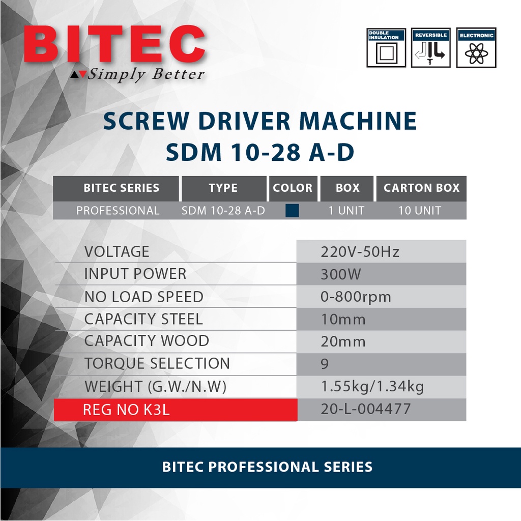 BITEC - BOR OBENG LISTRIK PROFESSIONAL / SCREW DRIVER MACHINE - SDM 10-28 A-D - GARANSI RESMI 1 TAHUN