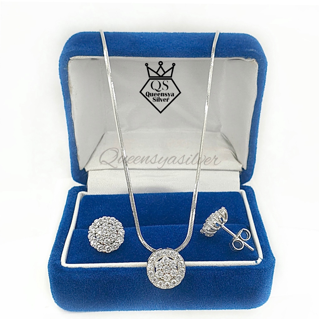 Kalung Liontin Perak Silver 925 Asli || Lapis Emas Putih || Model Liontin tusuk Bunga/Anting Tusuk/Giwang Bunga || Full American Diamond || Queensya Silver