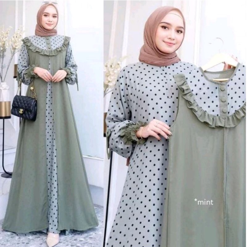 KIMIKO SET BAJU GAMIS DRESS LEBARAN TERBARU WANITA PEREMPUAN KEKINIAN GAMIS MURAH CANTIK MOTIF POLKA
