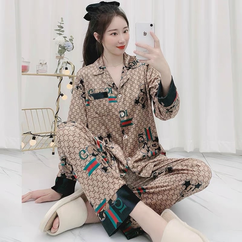 Piyama satin import / baju tidur wanita / ice silk baju tidur musim gugur-Mickey gc coklat