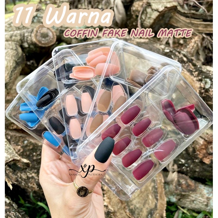 11 PILIHAN WARNA - COFFIN FAKE NAIL MATTE - 24 Pcs Kuku Palsu Dan Lem Fake Nail Art 3d Kuku Palsu Tahan Air 24 Pcs Kotak