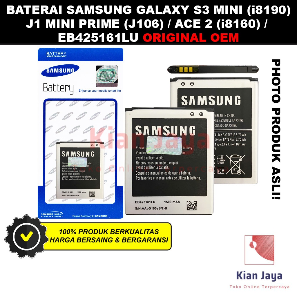 Baterai Samsung Galaxy S3 Mini i8190 Ace 2 i8160 J1 Mini Prime J106 Batre Batrai Battery Hp EB425161LU Ori