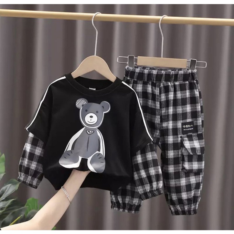 setelan anak baju dan celana anak laki laki motif panda celana kotak kotak 1-5 tahun