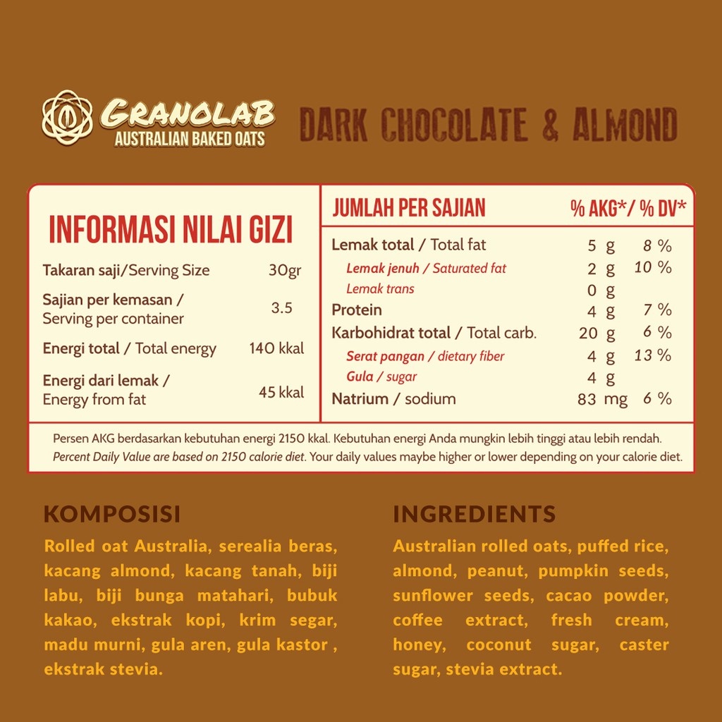 Granolab Dark Chocolate Almond 105 gram Granola Snack Diet Sehat Tinggi Serat &amp; Protein