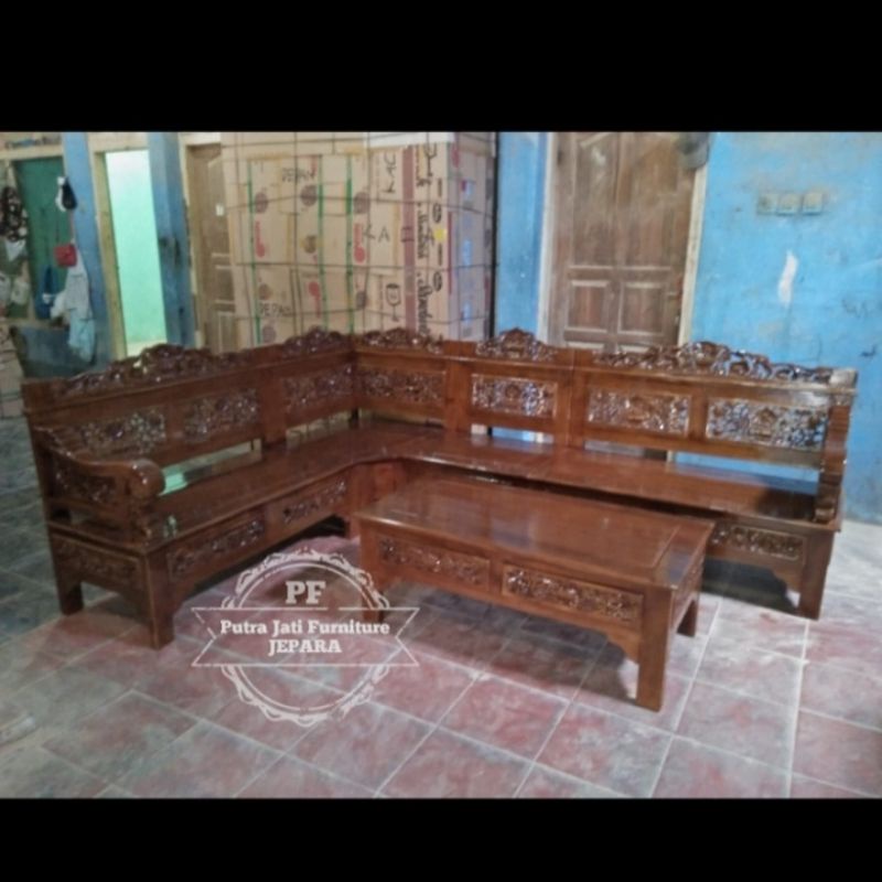 Meja kursi pojok/sudut ukir jepara kayu jati + Laci