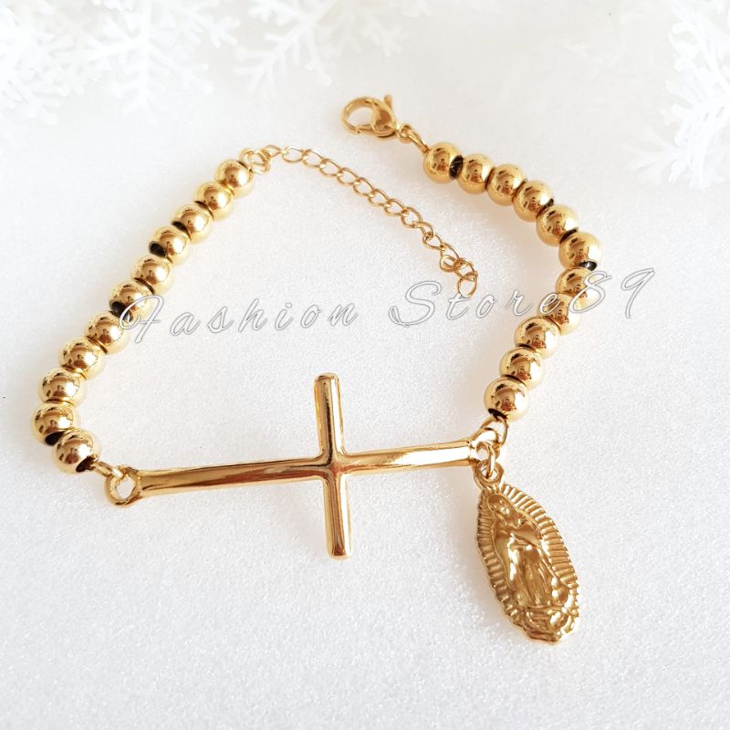 Gelang Rosario Bunda Maria dan Santo Benediktus kombinasi Salib Rantai Butir 6mm gold titanium antikarat fashion rohani pria wanita