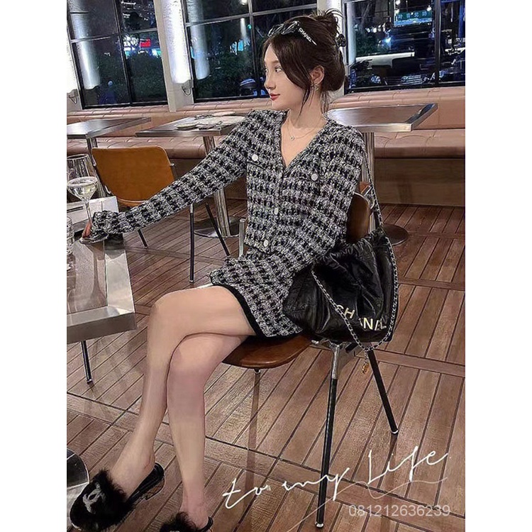 # Sisjuly # Wanita Xiaoxiangfeng Lengan Panjang V-Leher Cardigan Top Slim Fit Hip Rok Setelan Jas Du