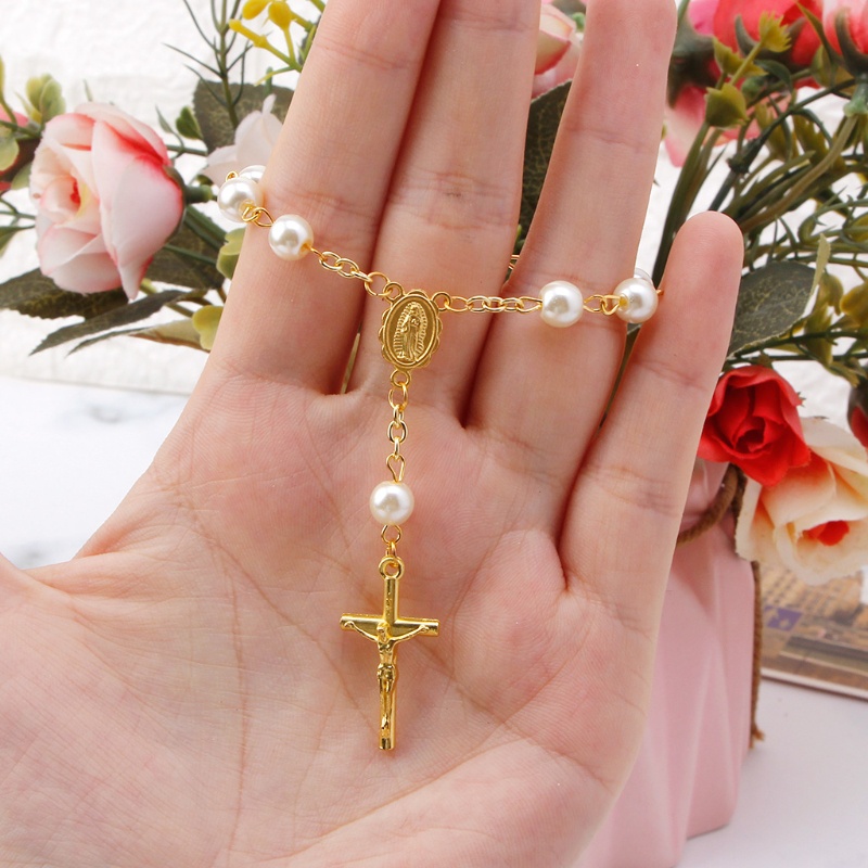 Gelang Rosario Mutiara Imitasi Aksen Salib Untuk Baby Shower / Pesta Pernikahan / Hadiah