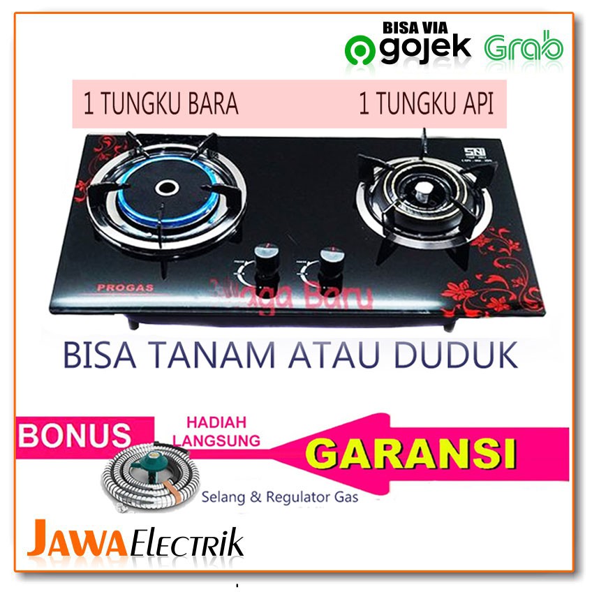 Kompor Tanam Kaca 2 Tungku Progas 1 Tungku Gas & 1 Tungku Bara-Hitam