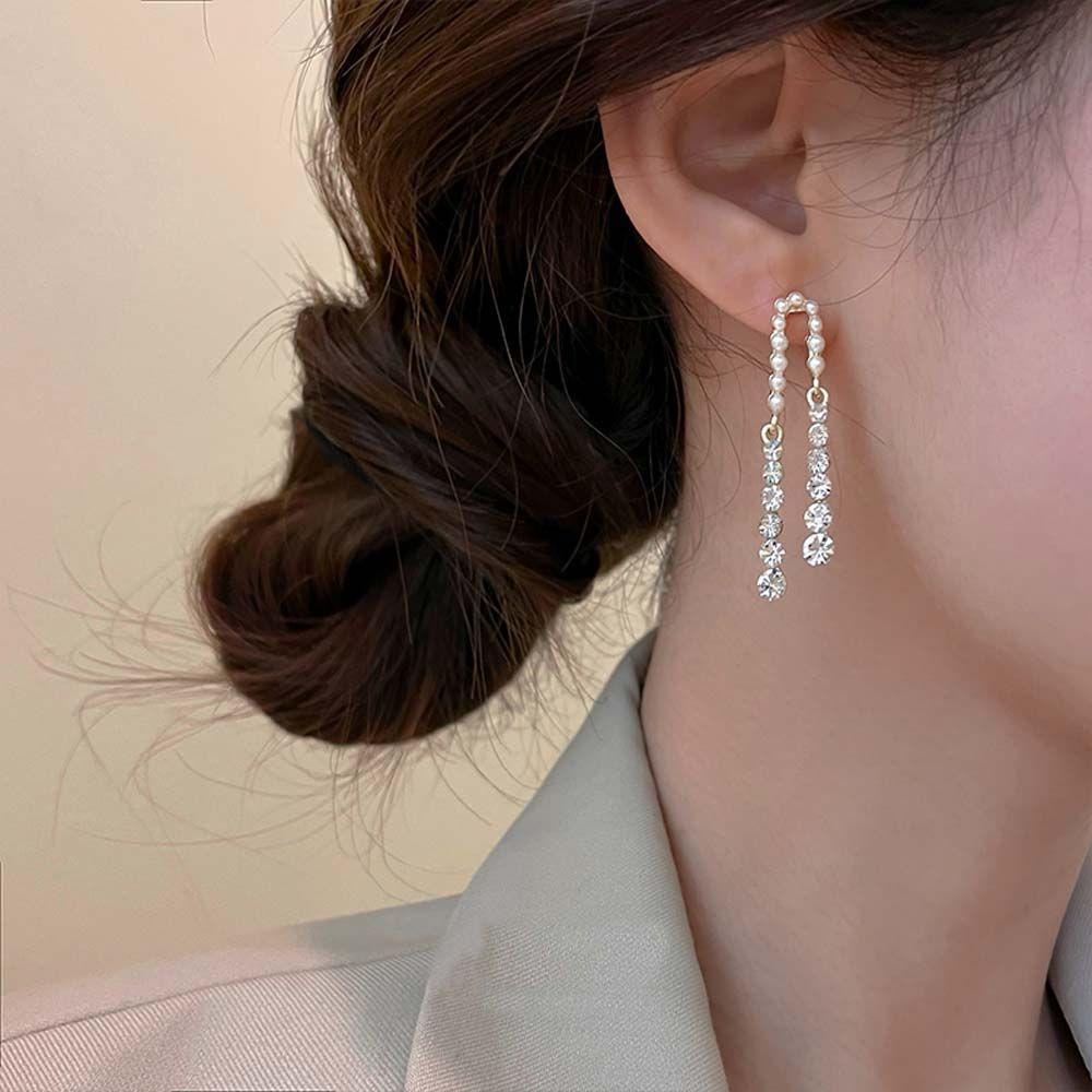 Mxbeauty Menjuntai Anting Trendi Elegan Mengkilap Mutiara Panjang Gadis Hadiah Geometris Zirkon Anting Korea