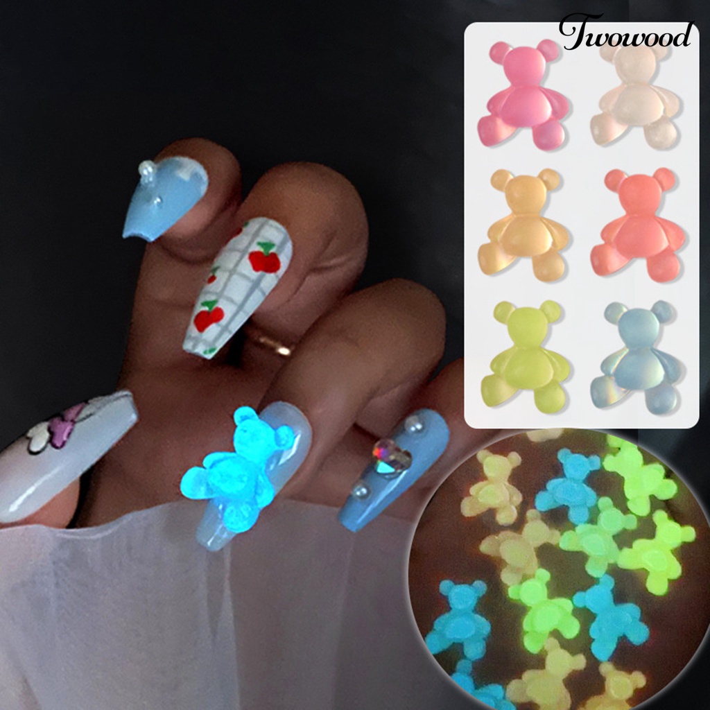 Twowood 8Pcs / Set Hiasan Kuku Motif Beruang Luminous Untuk Dekorasi Nail Art / Manicure DIY